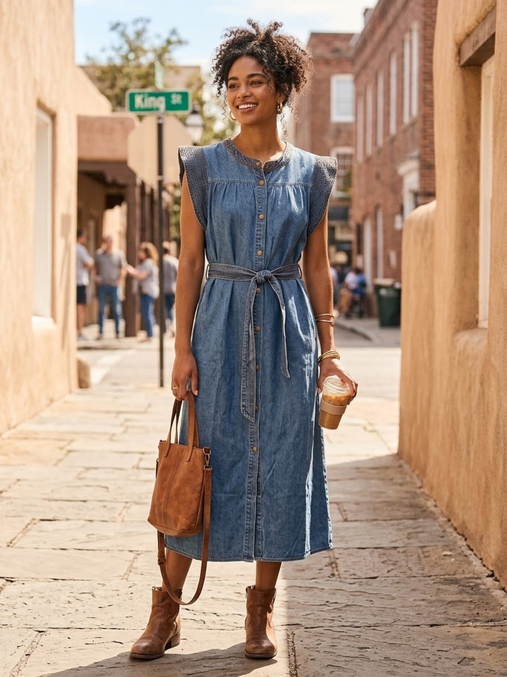 Jodifl Sleeveless Denim Button-Front Midi Dress with Tie Belt - Blue